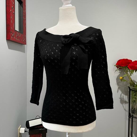 NEW Arden B. Wool Open Weave Knit Patterned Bow Tie Boatneck Fitted Sweater NWT - Picture 3 of 12